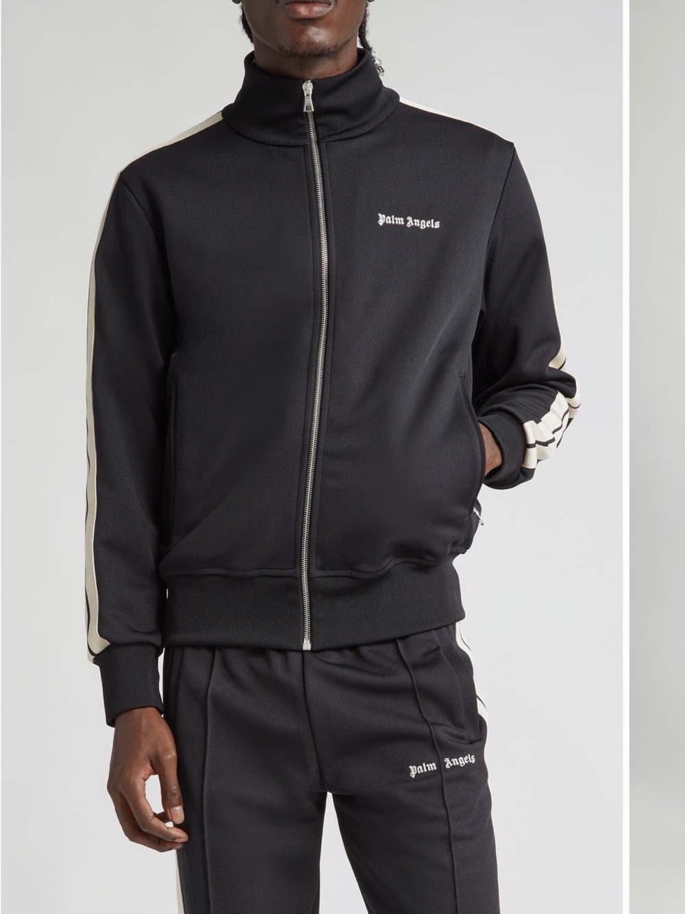 Palm Angels Black Zip-Up Track Jacket with Cream Stripes